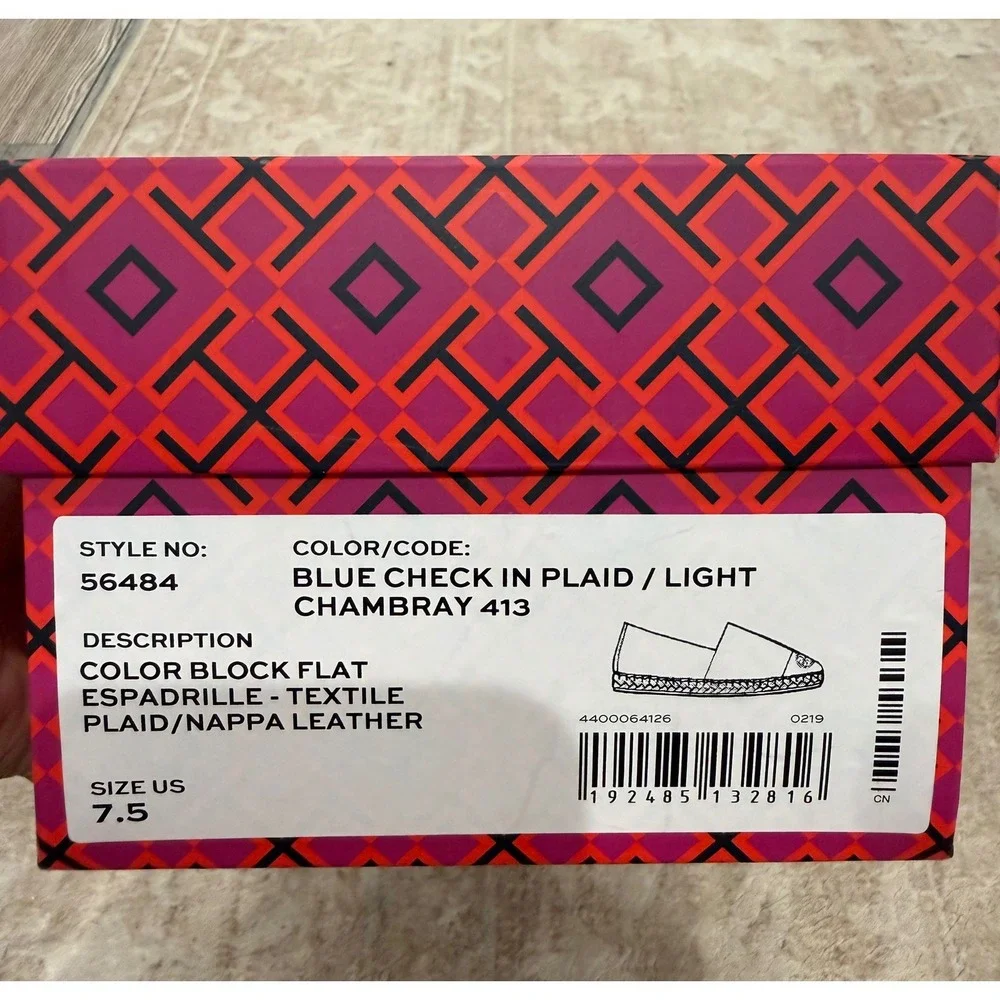 NWT Tory Burch Color Block Flat Espadrille Blue Check Plaid Chambray 7.5